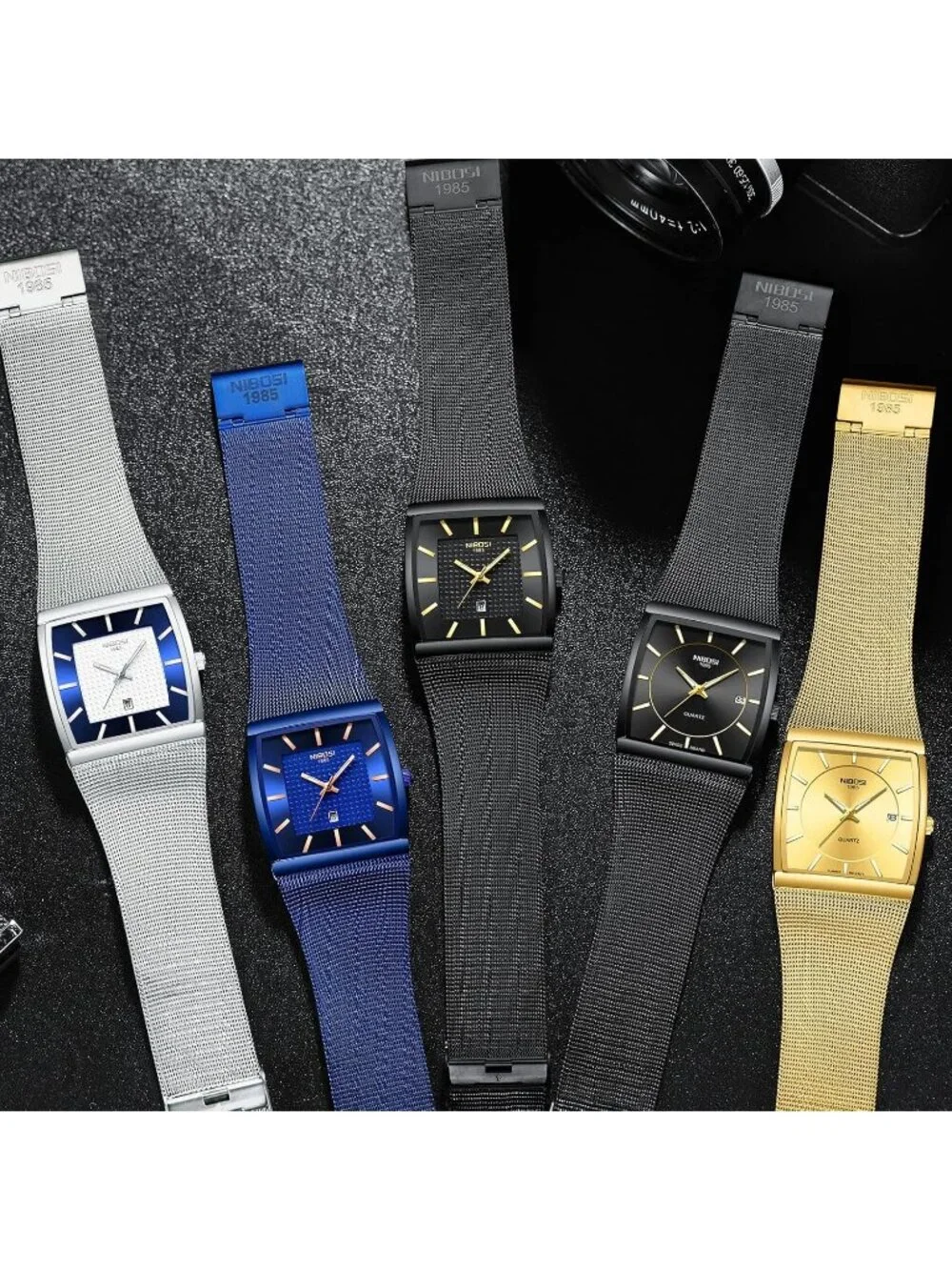 Nibosi Men's Silver Blue Square Analog Quartz Stainless Mesh Waterproof Watch